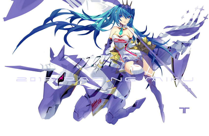 aqua_eyes aqua_hair aqua_neckwear bare_shoulders boots breasts cleavage closed_mouth commentary detached_collar dress flag floating_hair full_body hatsune_miku headgear highres horseback_riding kiwamu knee_boots long_hair looking_at_viewer md5_mismatch medium_breasts necktie over-kneehighs riding short_dress solo strapless strapless_dress thighhighs twintails unicorn very_long_hair vocaloid white_background white_dress white_footwear white_legwear