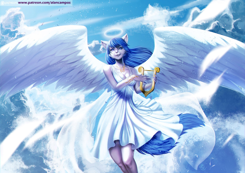 2016 alanscampos angel anthro blue_eyes blue_hair cat clothed clothing day detailed_background feathered_wings feathers feline female fur hair invalid_tag jewelry looking_at_viewer mammal necklace outside sky solo spread_wings white_feathers white_fur wings