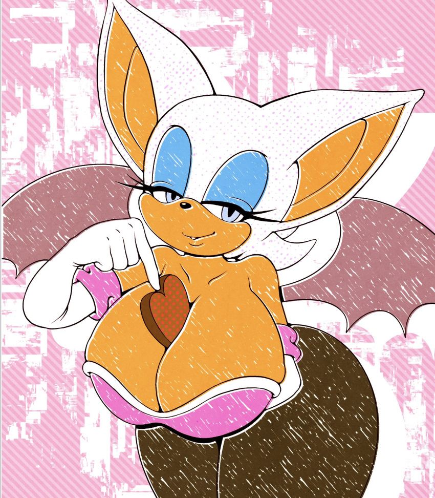 between_breasts big_breasts breasts candy chiropteran chocolate female food looking_at_viewer mammal michiyoshi rouge_the_bat seductive smile solo sonic_(series)