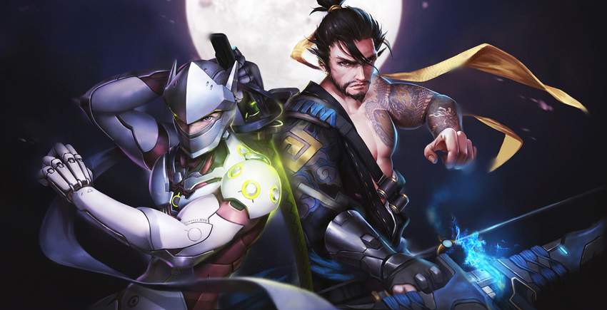 arm_tattoo arm_up armor asymmetrical_clothes bandolier bangs bare_shoulders belt black_hair bodysuit bow_(weapon) brothers brown_eyes chest_tattoo closed_mouth collarbone cowboy_shot cyborg dragon_tattoo full_moon genji_(overwatch) glowing hadanugi_dousa hair_ornament hair_ribbon hair_tie hanzo_(overwatch) headband headwear helmet high_ponytail highres holding holding_sword holding_weapon japanese_clothes katana long_hair looking_at_viewer male_focus mask moon multiple_boys oryuvv overwatch ponytail power_armor quiver ribbon sash scar scar_across_eye short_ponytail siblings strap sword tattoo upper_body veil weapon yellow_ribbon