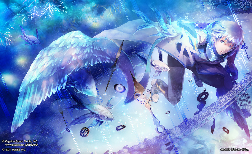 album_cover animal artist_name bangs black_pants blue blue_eyes blue_hair blue_nails blue_scarf blue_wings cage clock_hands closed_mouth coat commentary_request coral cover crypton_future_media exit_tunes feathered_wings feathers fish floating full_body gears glowing highres holding jewelry kaito kaitonation_(vocaloid) light_particles light_smile long_sleeves looking_at_viewer male_focus microphone nail_polish outstretched_arm pants reaching ring scarf shoes spread_fingers vocaloid watermark web_address wings yuu_(arcadia)