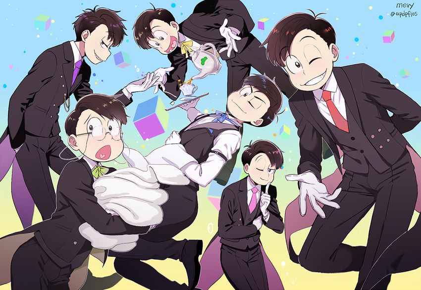 ;3 alternate_hairstyle bad_id bad_pixiv_id bow bowtie brothers brown_eyes brown_hair butler cup finger_to_mouth glasses gloves grin male_focus matsuno_choromatsu matsuno_ichimatsu matsuno_juushimatsu matsuno_karamatsu matsuno_osomatsu matsuno_todomatsu mery_(apfl0515) multiple_boys necktie one_eye_closed open_mouth osomatsu-kun osomatsu-san sextuplets siblings smile tailcoat tea teacup teapot towel tray waistcoat white_gloves