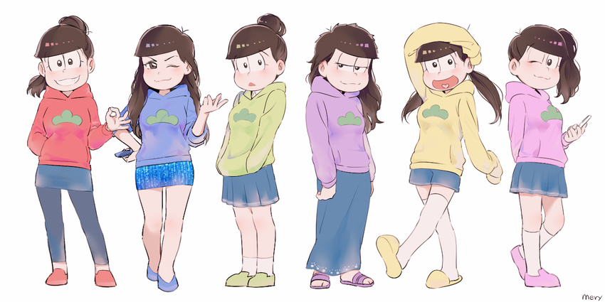 ;3 bad_id bad_pixiv_id brown_eyes brown_hair genderswap genderswap_(mtf) grin hair_bun heart heart_in_mouth hood hoodie kneehighs low_twintails matsuno_choromatsu matsuno_ichimatsu matsuno_juushimatsu matsuno_karamatsu matsuno_osomatsu matsuno_todomatsu mery_(apfl0515) money_gesture multiple_girls one_eye_closed open_mouth osomatsu-kun osomatsu-san ponytail sandals sextuplets shorts siblings side_ponytail sisters skirt smile thighhighs twintails white_legwear