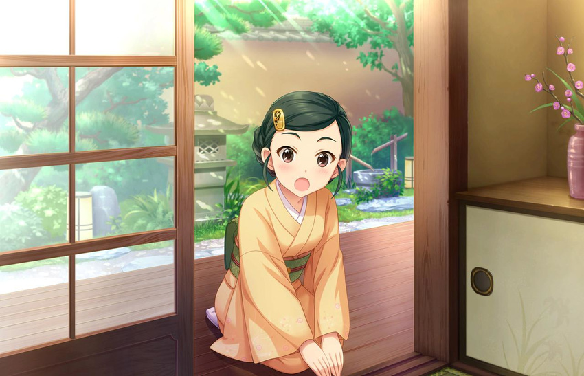 :o alternate_costume artist_request black_hair brown_eyes hair_ornament hairclip idolmaster idolmaster_cinderella_girls idolmaster_cinderella_girls_starlight_stage japanese_clothes jpeg_artifacts kimono official_art open_mouth shutou_aoi solo