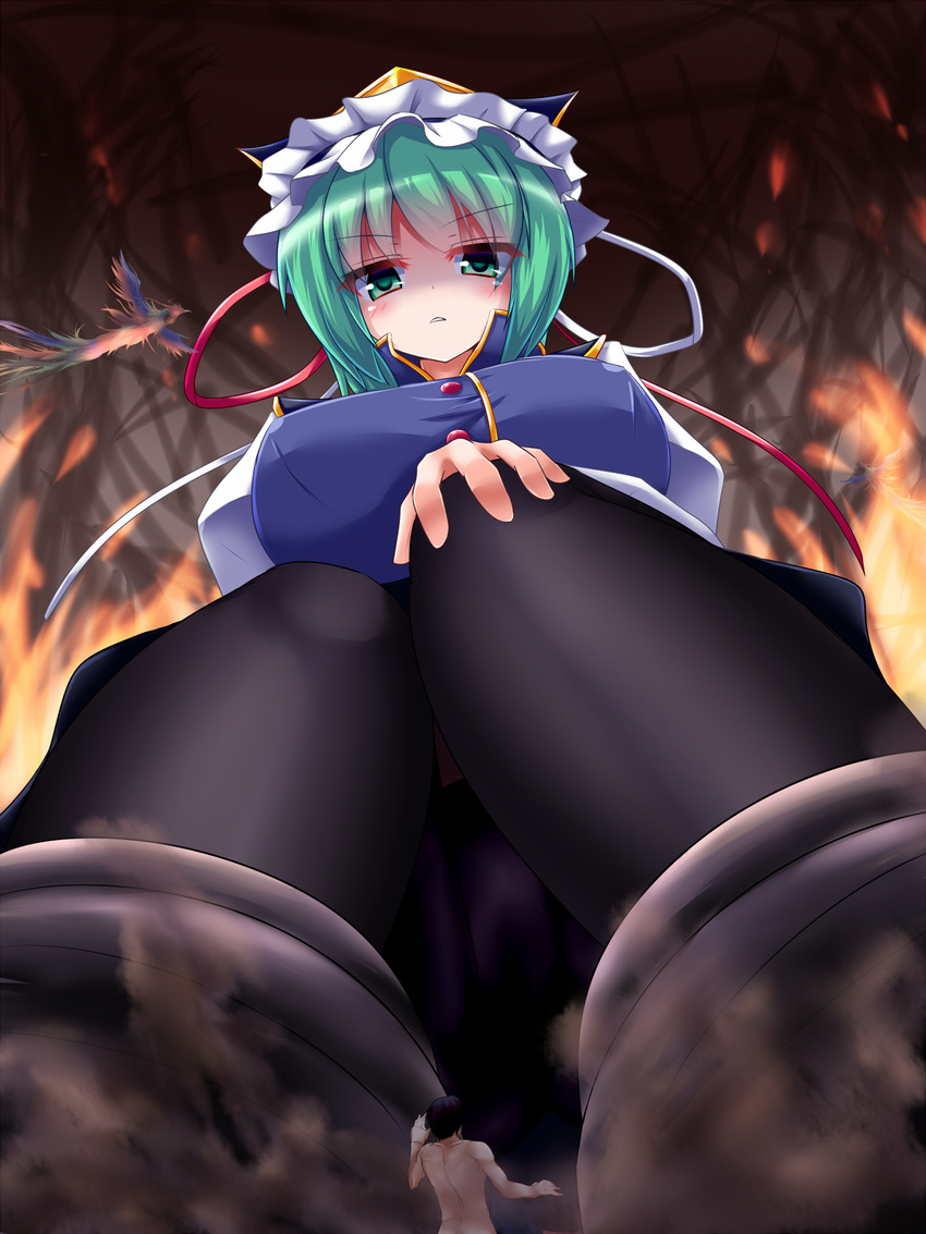 1girl breasts dautsen fire giantess green_eyes green_hair highres juliet_sleeves knees_together_feet_apart large_breasts long_sleeves panties panties_under_pantyhose pantyhose puffy_sleeves shaded_face shiki_eiki touhou underwear upskirt