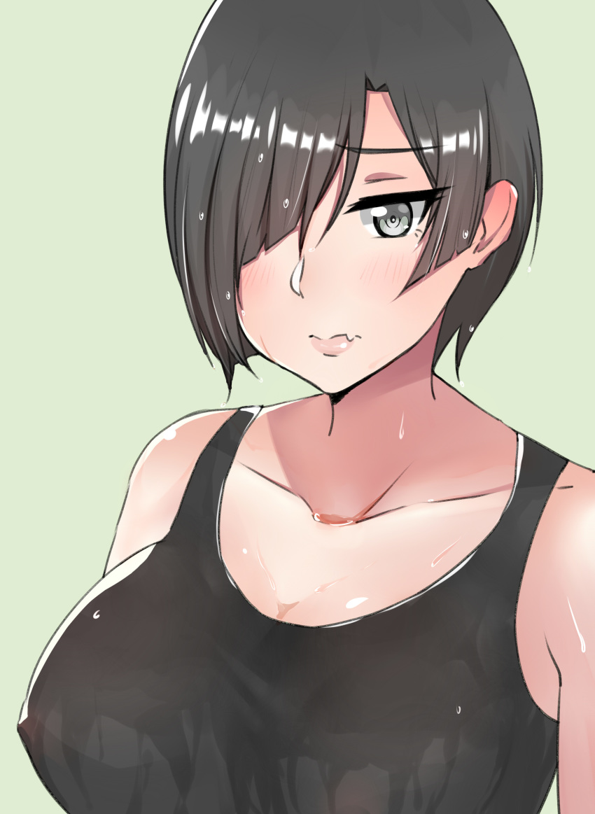 1girl absurdres bare_shoulders black_eyes black_hair blush breasts closed_mouth collarbone erect_nipples fang_out hair_over_one_eye hataraku_saibou highres large_breasts lips looking_at_viewer nk_cell_(hataraku_saibou) shirt short_hair simple_background solo tank_top upper_body wet wet_clothes wet_hair wet_shirt white_background ying_jing_meng