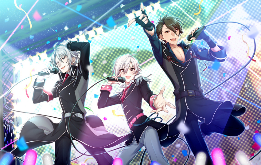 ;) brown_hair confetti dutch_angle fingerless_gloves gloves glowstick grey_hair hako_(gyhujikolp) hand_in_hair highres idol idolish_7 kujou_tenn leg_up male_focus multiple_boys necktie one_eye_closed outstretched_hand parody pink_neckwear sky smile stage_lights star_(sky) starry_sky style_parody tsunashi_ryuunosuke white_hair yaotome_gaku