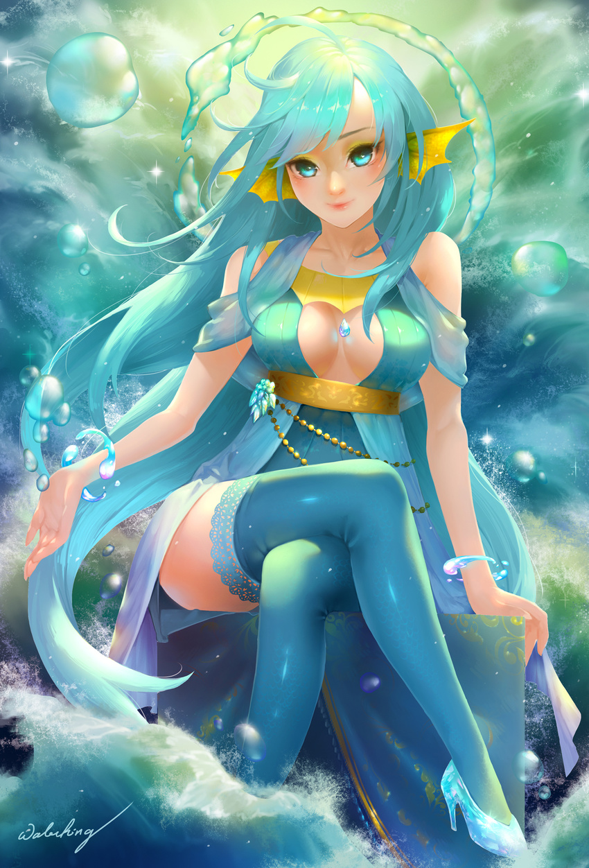 abstract_background aqua_eyes aqua_hair artist_name beads blue_dress blue_legwear breasts collarbone crossed_legs dress gen_1_pokemon head_fins high_heels highres lace lace-trimmed_thighhighs long_hair looking_at_viewer medium_breasts personification pokemon signature sitting sleeveless sleeveless_dress smile solo splashing thighhighs vaporeon very_long_hair water waterring