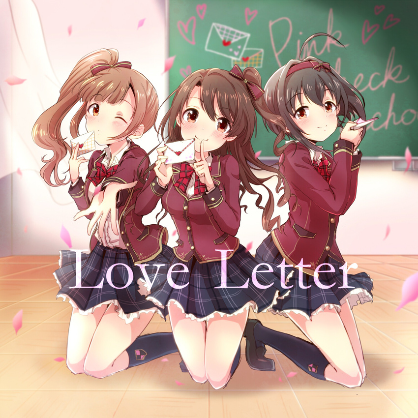 ahoge black_hair blazer bow brown_eyes brown_hair chalkboard cursive hair_bow highres idolmaster idolmaster_cinderella_girls idolmaster_cinderella_girls_starlight_stage igarashi_kyouko jacket kneeling kohinata_miho letter long_hair love_letter love_letter_(idolmaster) multiple_girls numahito one_eye_closed one_side_up petals pink_check_school plaid plaid_neckwear plaid_skirt school_uniform shimamura_uzuki short_hair side_ponytail skirt smile song_name