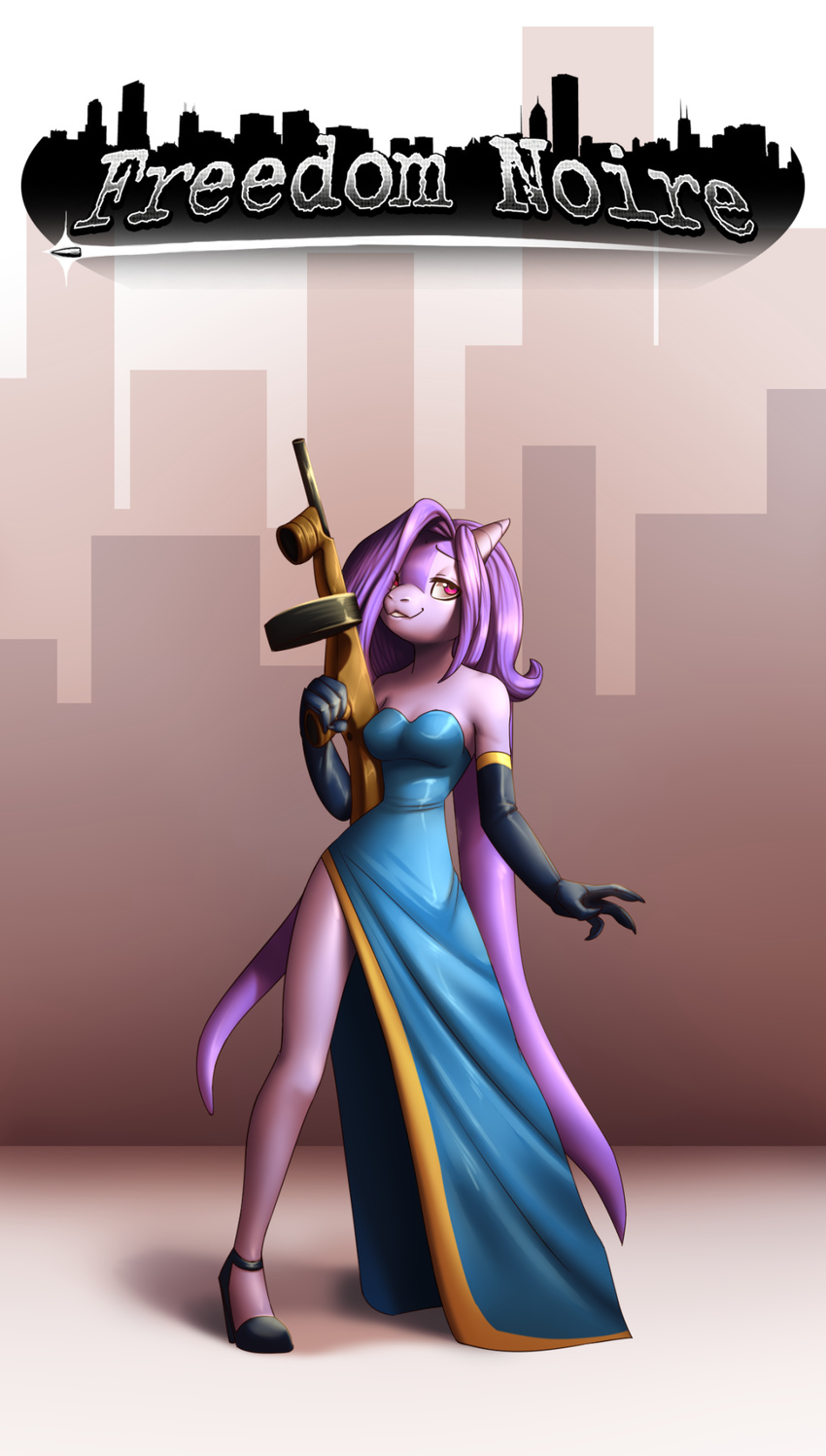 alternate_universe anakonda1331 anthro clothed clothing dragon dress female footwear freedom_planet gun hair high_heels long_hair ranged_weapon sash_lilac solo text video_games weapon