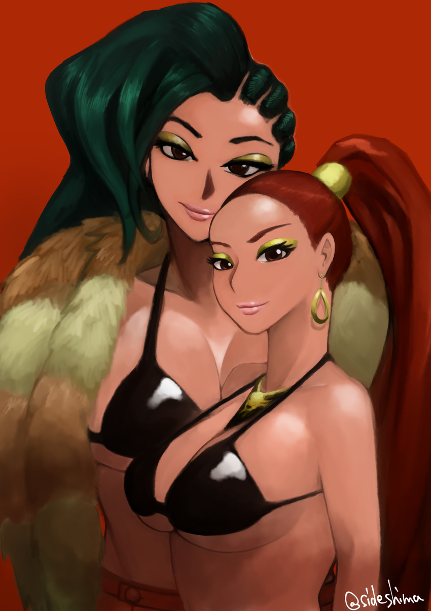 absurdres alternate_hair_color alternate_hair_length alternate_hairstyle asymmetrical_hair bikini_top black_bikini_top black_hair breasts brown_eyes brown_hair chun-li cleavage cornrows dark_skin earrings eyebrows eyeliner eyeshadow forehead fur_coat green_hair hair_pulled_back head_tilt height_difference high_ponytail highres hoop_earrings huge_breasts jewelry large_breasts laura_matsuda lipgloss lips lipstick long_hair looking_at_viewer makeup mascara multiple_girls necklace ponytail red_background shima_(akkirasetsu_op) strap_gap street_fighter street_fighter_v twitter_username underboob upper_body wavy_hair