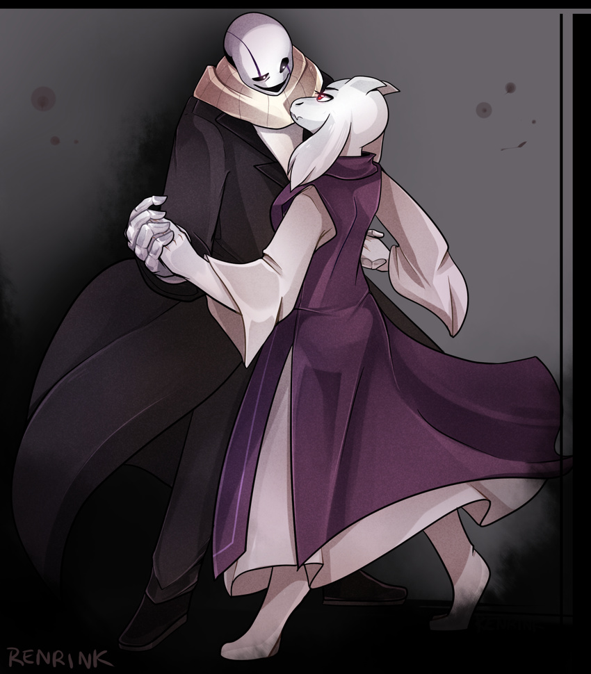 animated_skeleton anthro bone boss_monster caprine duo eye_contact female gaster hand_holding male male/female mammal red_eyes renrink simple_background skeleton toriel undead undertale video_games