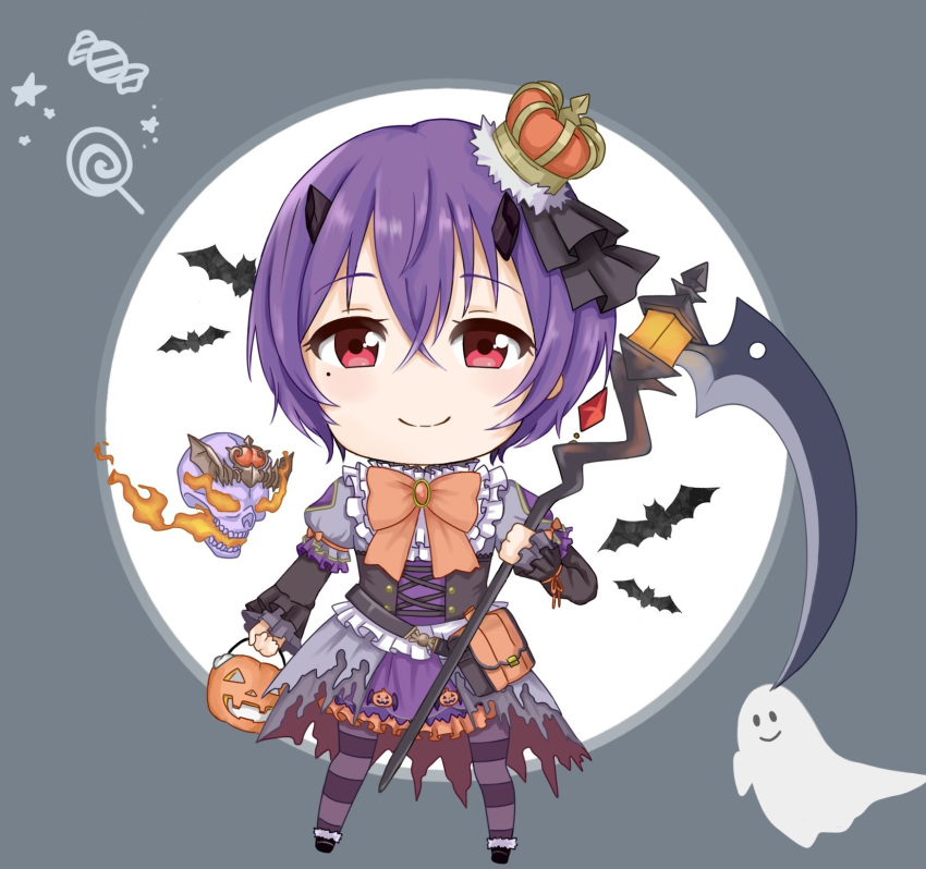 1girl 319thie bat chibi closed_mouth crown halloween highres looking_at_viewer princess_connect! princess_connect!_re:dive pumpkin purple_hair red scythe smile