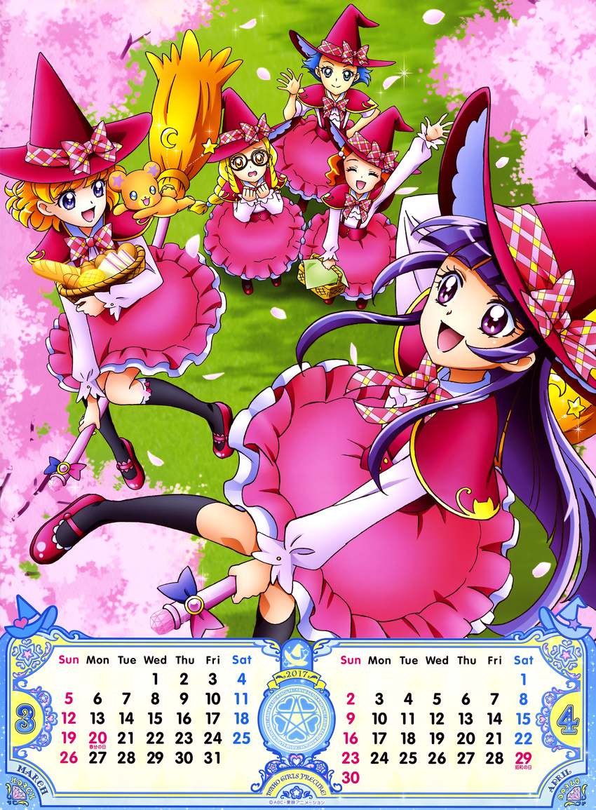 5girls :d absurdres april arm_up artist_request asahina_mirai basket bear black_legwear blonde_hair blue_hair bow bread broom broom_riding brown_hair calendar_(medium) cherry_blossoms closed_eyes emily_(mahou_girls_precure!) food glasses hat hat_bow highres izayoi_liko jun_(mahou_girls_precure!) kei_(mahou_girls_precure!) kneehighs long_hair magic_school_uniform mahou_girls_precure! march mary_janes mofurun_(mahou_girls_precure!) multiple_girls official_art open_mouth pink_footwear pink_skirt plaid plaid_bow precure purple_eyes purple_hair red_hat shawl shoes short_hair skirt smile witch_hat