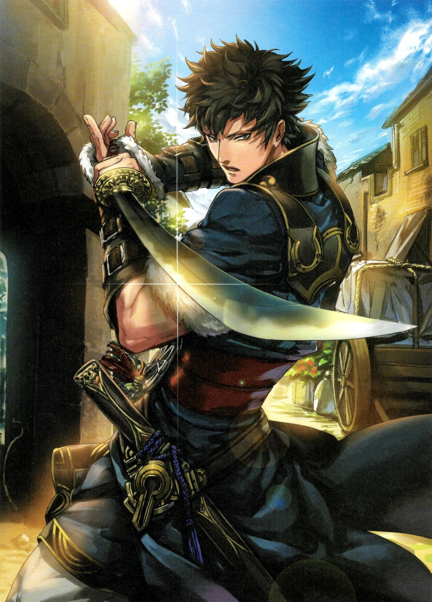 black_hair clover_k fire_emblem fire_emblem:_kakusei fire_emblem_cipher fur_trim high_collar highres holding holding_weapon looking_at_viewer male_focus official_art ronku solo sword weapon