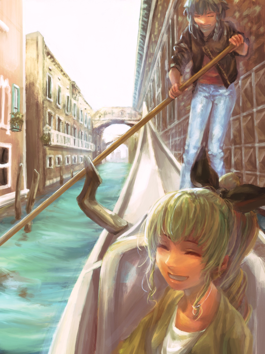 alternate_hairstyle anchovy black_hair boat bow braid bridge canal casual city closed_eyes denim faux_traditional_media girls_und_panzer gondola green_hair grin hair_bow happy highres jeans multiple_girls pants pepperoni_(girls_und_panzer) ponytail seven_(seven8xxx) side_braid smile vanishing_point venice water watercraft