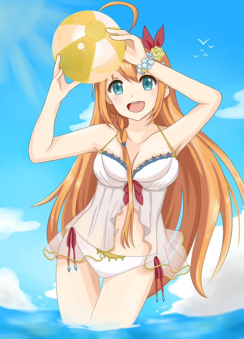 1girl 319thie :d aqua_eyes ball beachball blue_sky highres looking_at_viewer open_mouth pecorine princess princess_connect!_re:dive sky smile sunlight