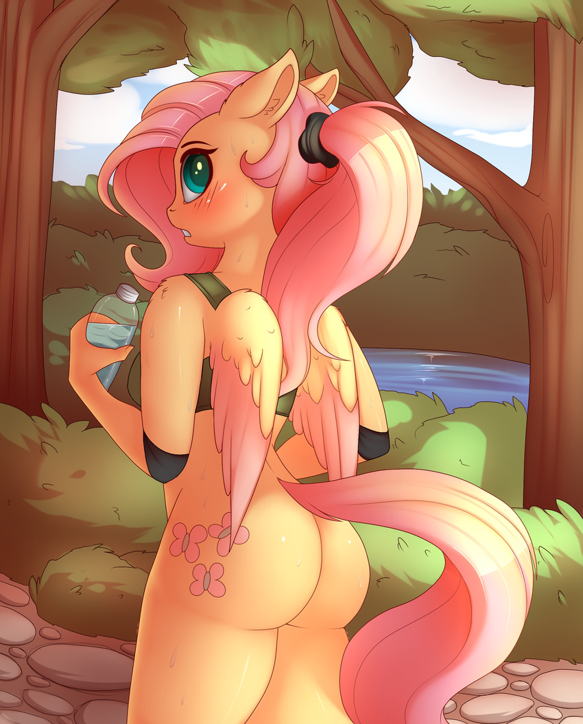 2016 absurd_res anthro anthrofied blush bottle bottomless butt clothed clothing cutie_mark day detailed_background edit equine evehly feathered_wings feathers female fluttershy_(mlp) friendship_is_magic hair hi_res holding_object long_hair mammal my_little_pony outside pegasus pink_feathers pink_hair ponytail solo tree water wings