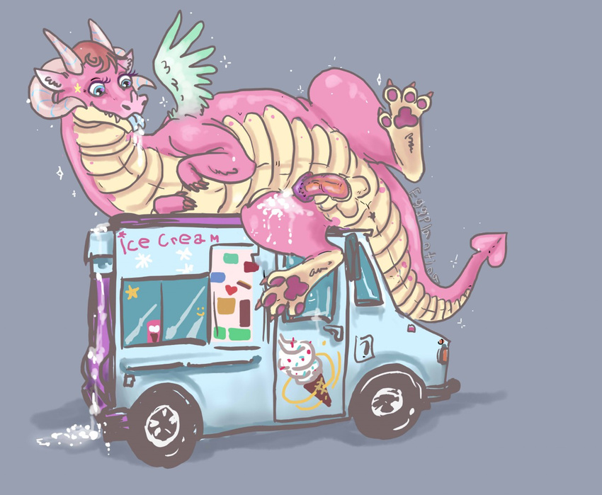 car cum cum_inside dragon dragons_having_sex_with_cars eggplantina feral ice_cream_truck male penis pink_scales scales simple_background solo spreading vehicle