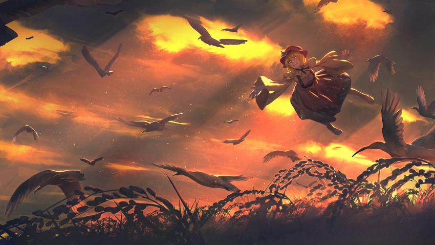 :d aki_minoriko amino_(tn7135) autumn bird bird_request breasts brown_hair dress flock flying happy harvest hat light_particles light_rays long_sleeves looking_at_viewer medium_breasts open_mouth outdoors outstretched_arm puffy_sleeves red red_hat scenery shade short_hair sky smile touhou wheat_field wide_sleeves