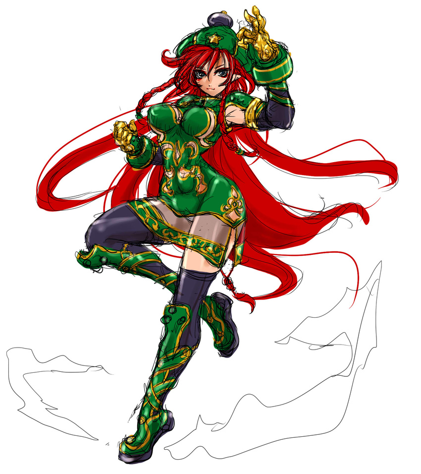 :3 abs alternate_costume armpits bangs black_gloves black_legwear blue_eyes boots border braid breasts clenched_hand colorized commentary_request dress earrings elbow_gloves eyeliner eyeshadow full_body gauntlets gloves gold green_dress green_footwear green_hat hand_up hat highres hips hong_meiling impossible_clothes impossible_dress jewelry ledjoker07 long_hair looking_at_viewer makeup medium_breasts panties pantyshot pantyshot_(standing) pointy_ears red_hair revealing_clothes see-through shiny shiny_clothes shiny_hair short_dress side_slit sketch smile solo standing standing_on_one_leg star thigh_boots thighhighs thighs toned touhou twin_braids underwear very_long_hair white_panties