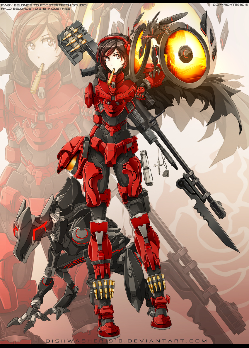 absurdres bayonet black_hair blade bullet cape dishwasher1910 dog_tags gun halo_(game) handgun headphones headwear_removed helmet helmet_removed highres jewelry necklace parody pistol power_armor red_armor rifle robot robot_animal ruby_rose rwby silver_eyes sniper sniper_rifle solo spartan_(halo) weapon