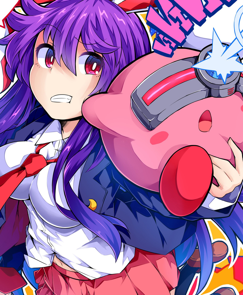 belly_peek blazer blush_stickers breasts brown_footwear clenched_teeth commentary_request copy_ability crossover dress_shirt eye_beam highres ishimu jacket kirby kirby_(series) large_breasts long_hair looking_at_viewer navel necktie open_blazer open_clothes open_jacket open_mouth pink_skirt purple_hair red_eyes red_neckwear reisen_udongein_inaba shirt shoes sidelocks skirt teeth touhou upper_body white_shirt