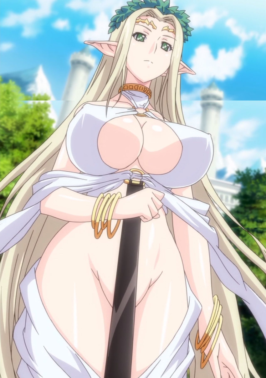 1girl blonde_hair breasts celestine_lucullus elf female green_eyes jewelry kuroinu_~kedakaki_seijo_wa_hakudaku_ni_somaru~ large_breasts long_pointy_ears nature no_bra no_panties outdoors plant pointy_ears revealing_clothes screencap sky solo very_long_hair