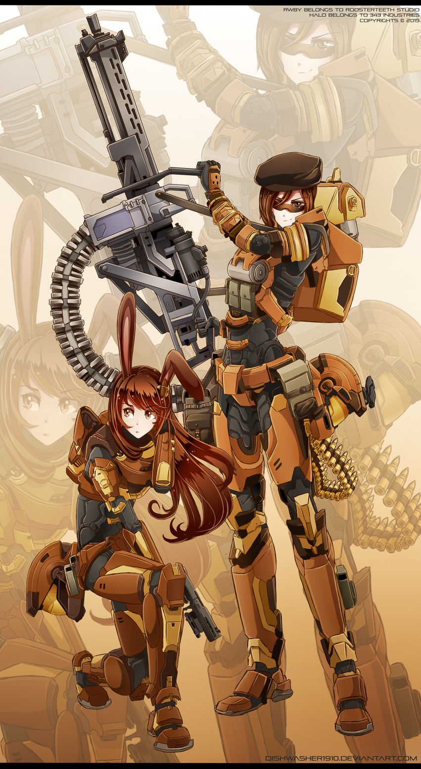 absurdres animal_ears backpack bag beret black_suit bob_cut brown_armor brown_hair bullet bunny_ears coco_adel crossover dishwasher1910 gun halo_(game) handgun hat headwear_removed helmet helmet_removed highres long_hair machine_gun multiple_girls pistol power_armor rwby short_hair spartan_(halo) velvet_scarlatina visor weapon