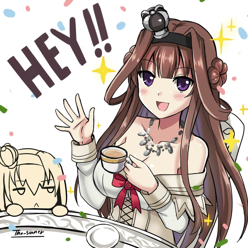 :&lt; :d artist_name blush breasts brown_hair chibi chibi_inset cleavage closed_mouth collarbone commentary cosplay crown cup double_bun dress english eyebrows eyebrows_visible_through_hair hair_between_eyes hairband highres holding jewelry jitome kantai_collection kongou_(kantai_collection) large_breasts long_hair long_sleeves looking_at_viewer mini_crown multiple_girls necklace off-shoulder_dress off_shoulder open_mouth partially_colored purple_eyes saucer simple_background smile sparkle tea teacup the-sinner warspite_(kantai_collection) warspite_(kantai_collection)_(cosplay) waving white_background white_dress
