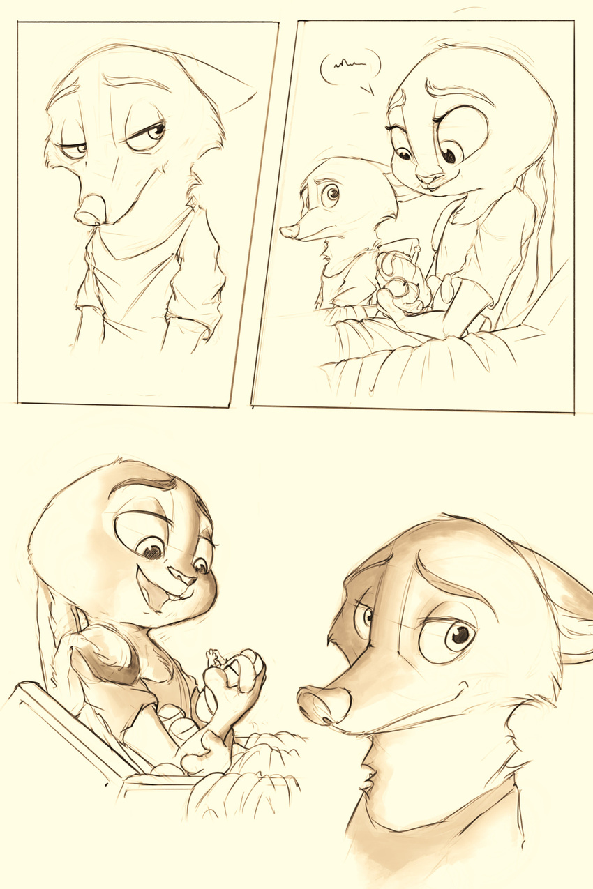 ambiguous_gender anthro baby black_and_white canine clothed clothing comic disney female fox fur group hi_res judy_hopps lagomorph male mammal monochrome nick_wilde rabbit smile sprinkah text young zootopia