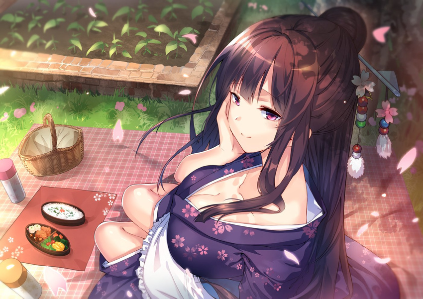 apron bangs basket blanket breasts brick brown_hair cherry_blossoms cleavage closed_mouth collarbone floral_print flower flower_bed frilled_apron frills from_above grass hair_bun hair_flower hair_ornament hair_stick hand_on_own_cheek japanese_clothes kimono large_breasts long_hair looking_at_viewer mature mole mole_under_eye obentou original outdoors petals picnic picnic_basket pink_eyes plant sidelocks sitting smile solo thermos uu_uu_zan waist_apron yokozuwari