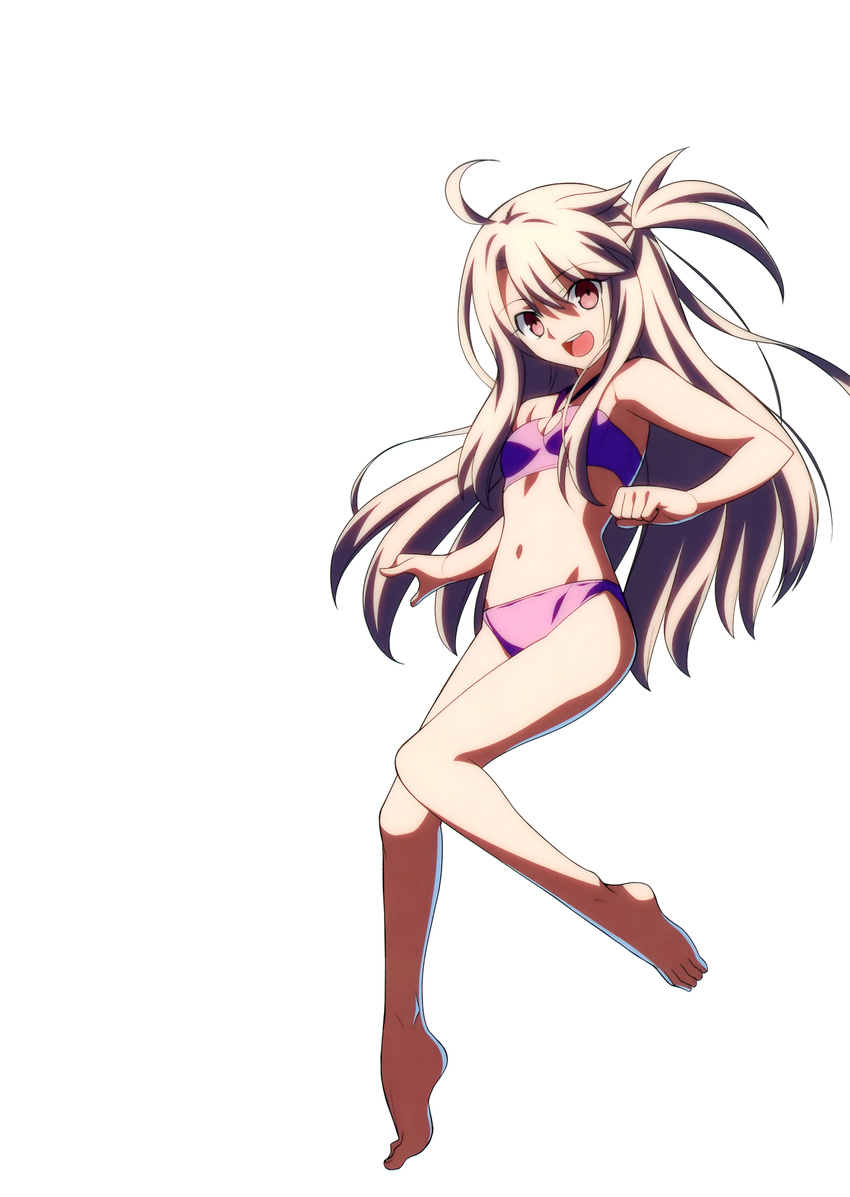 :d absurdres ahoge bare_legs bare_shoulders barefoot bikini breasts cleavage fate/kaleid_liner_prisma_illya fate_(series) flipped_hair full_body halterneck highres illyasviel_von_einzbern light_brown_hair long_hair looking_at_viewer navel one_side_up open_mouth purple_bikini purple_eyes sidelocks simple_background small_breasts smile solo swimsuit takeuchi_takashi white_background