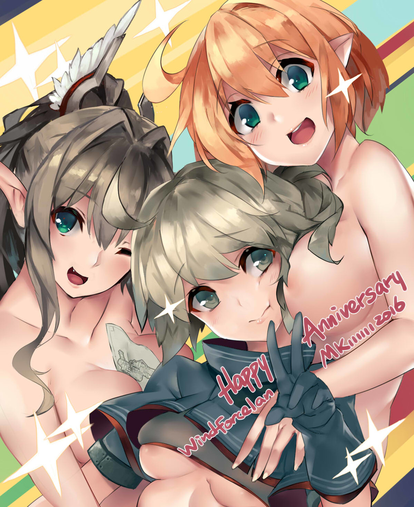 3girls :d ;d artist_name between_breasts black_gloves blush breast_press breasts brown_hair cleavage collarbone commentary_request convenient_arm convenient_head crop_top elf english eyebrows eyebrows_visible_through_hair fang gloves green_eyes grey_eyes hair_between_eyes hair_ornament highres large_breasts looking_at_another looking_at_viewer mahan_(zhan_jian_shao_nyu) multicolored multicolored_background multiple_girls nude one_eye_closed open_mouth orange_hair original pointy_ears ponytail short_hair silver_hair skindentation smile text_focus tongue underboob upper_body v windforcelan zhan_jian_shao_nyu