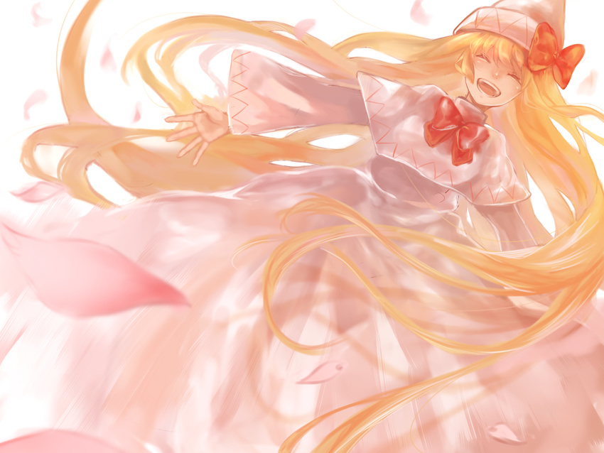 blonde_hair bow bowtie capelet closed_eyes commentary_request dress facing_viewer hat highres lily_white long_hair open_mouth petals red_bow red_neckwear simple_background smile solo subaru18 touhou very_long_hair white_background white_dress white_hat wide_sleeves