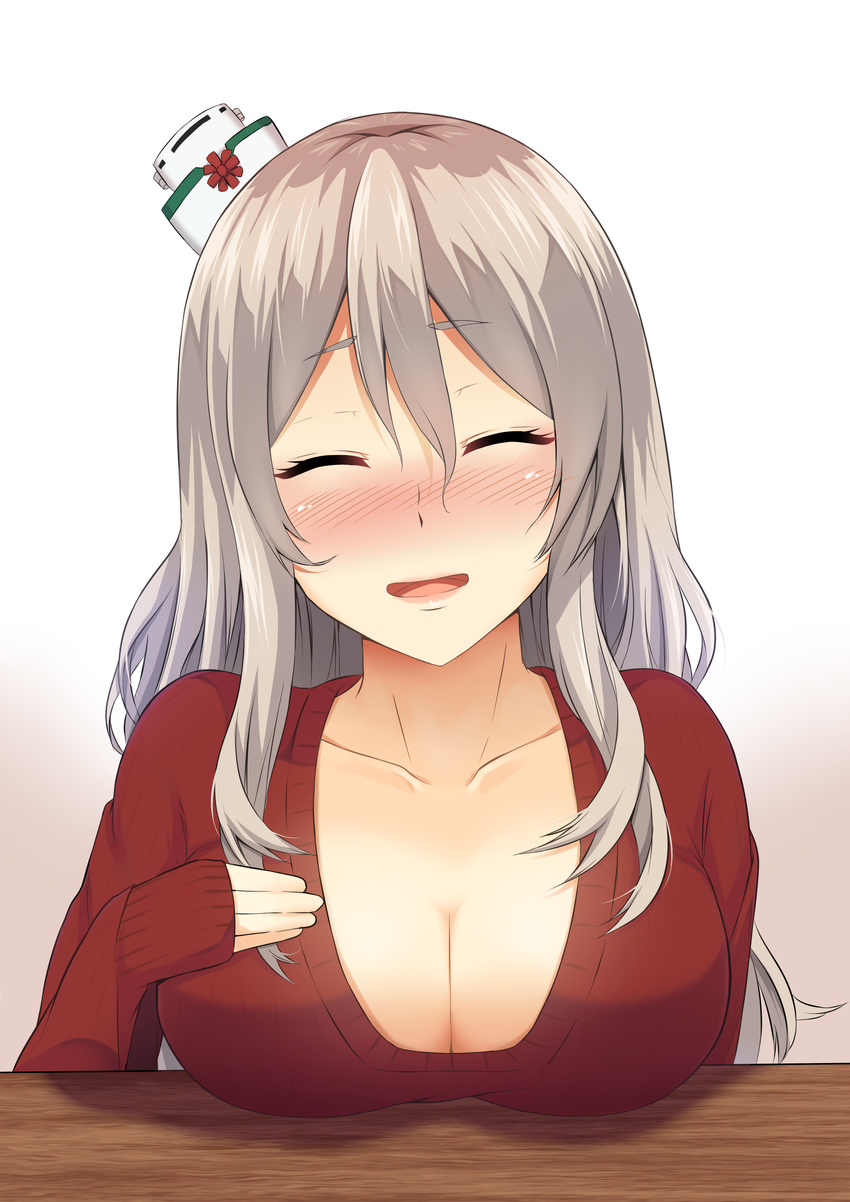 ^_^ absurdres bangs blush breast_rest breasts cleavage closed_eyes collarbone eyebrows eyebrows_visible_through_hair facing_viewer gradient gradient_background grey_hair hair_between_eyes hand_on_own_chest hat highres kantai_collection large_breasts long_hair long_sleeves mini_hat ohiya open_mouth pink_lips pola_(kantai_collection) red_sweater silver_hair sleeves_past_wrists smile solo sweater tilted_headwear upper_body white_background wooden_table