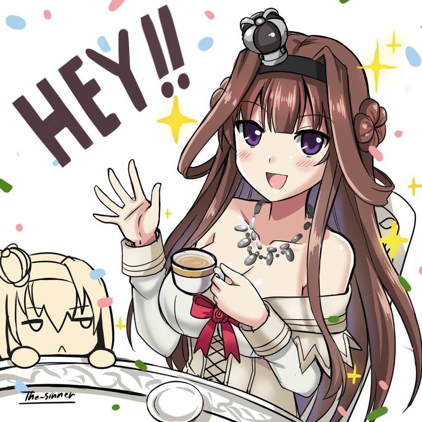 :&lt; :d artist_name blush breasts brown_hair chibi chibi_inset cleavage closed_mouth collarbone cosplay crown cup double_bun dress english eyebrows eyebrows_visible_through_hair hair_between_eyes hairband highres holding jewelry jitome kantai_collection kongou_(kantai_collection) large_breasts long_hair long_sleeves looking_at_viewer mini_crown multiple_girls necklace off-shoulder_dress off_shoulder open_mouth partially_colored purple_eyes saucer simple_background smile sparkle tea teacup the-sinner unamused warspite_(kantai_collection) warspite_(kantai_collection)_(cosplay) waving white_background white_dress