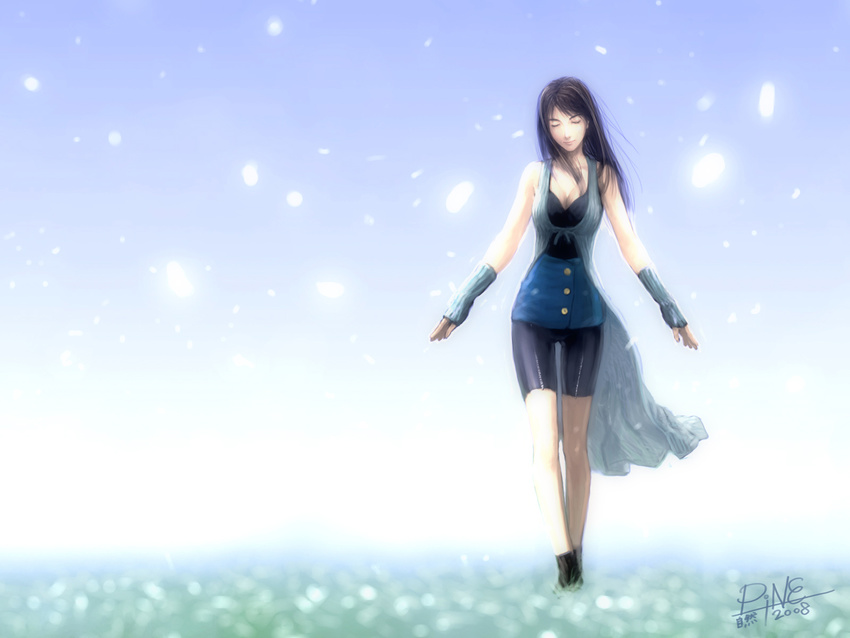 arm_warmers bike_shorts black_hair boots breasts cleavage closed_eyes commentary field final_fantasy final_fantasy_viii flower gloves highres jayun large_breasts pencil_skirt petals rinoa_heartilly skirt sleeveless_duster solo walking wallpaper zipper