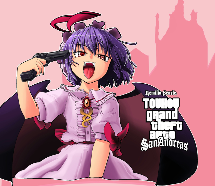 bat_wings fangs grand_theft_auto grand_theft_auto:_san_andreas gun gun_to_head hat highres holding holding_gun holding_weapon kato_(mogumoguokome) md5_mismatch parody purple_hair red_eyes remilia_scarlet short_hair solo tongue touhou weapon wings