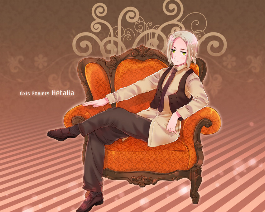 axis_powers_hetalia blonde_hair chair green_eyes himaruya_hidekazu male_focus necktie poland_(hetalia) ponytail sitting sitting_sideways solo wallpaper