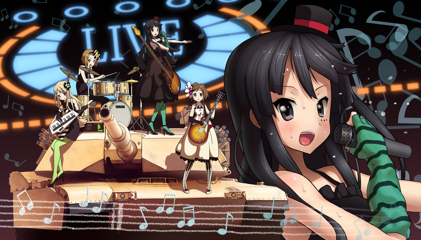 akiyama_mio bad_id bad_pixiv_id band bangs bass_guitar blue_legwear blunt_bangs chalk ddal don't_say_"lazy" dress drum green_legwear ground_vehicle guitar hat highres hirasawa_yui instrument k-on! kotobuki_tsumugi m1_abrams main_battle_tank microphone military military_vehicle mini_hat mini_top_hat motor_vehicle multiple_girls music musical_note neon_lights pantyhose singing striped striped_legwear sweat tainaka_ritsu tank tomboy top_hat vertical-striped_legwear vertical_stripes