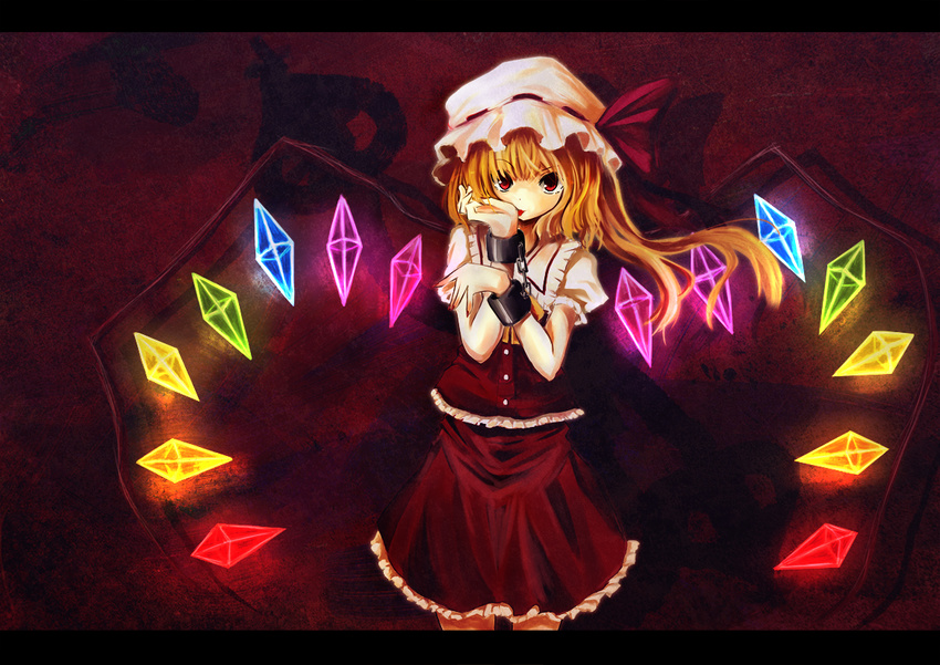 against_wall blonde_hair cuffs fingernails flandre_scarlet glowing glowing_wings handcuffs hangetsuakibarika laevatein letterboxed licking looking_at_viewer nail_polish one_side_up rainbow_order red_background red_eyes red_nails solo standing tongue touhou wallpaper wings