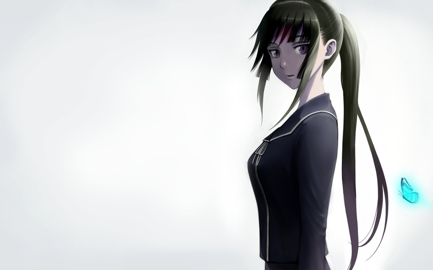 1920x1200 black_hair blue_eyes breasts butterfly female ga-rei ga-rei_zero gradient gradient_background highres hime_cut isayama_yomi ponytail school_uniform simple_background solo violet_eyes wallpaper white_background