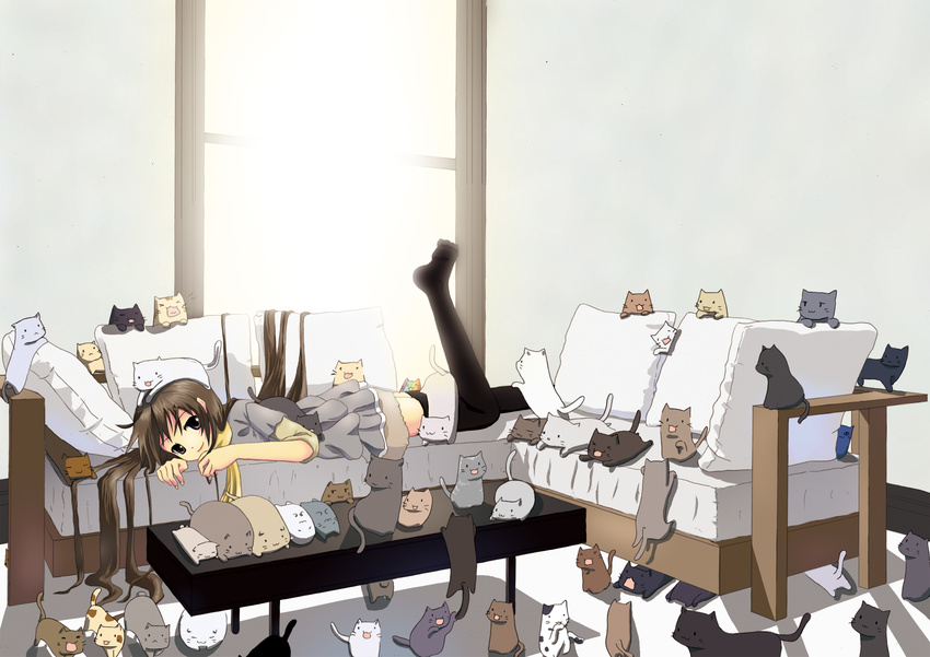 animal animal_on_head bad_id bad_pixiv_id brown_hair cat cat_on_head coffee_table couch highres indoors leg_up long_hair looking_at_viewer lying making_of nekobaka no_shoes on_head on_stomach original shadow skirt smile solo sploot thighhighs too_many too_many_cats window