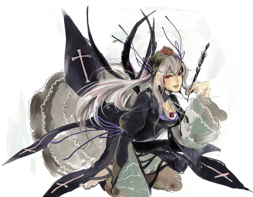 8981 bad_id bad_pixiv_id feathers long_hair red_eyes rozen_maiden silver_hair solo suigintou