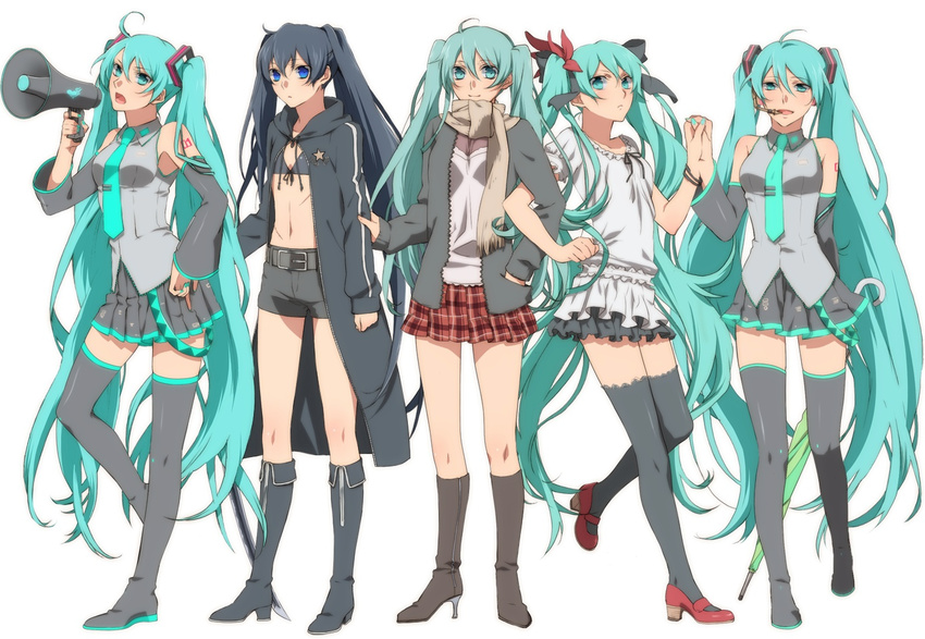 ahoge aqua_eyes aqua_hair aqua_nails belt bikini_top black_hair black_rock_shooter black_rock_shooter_(character) blue_eyes boots cardigan closed_umbrella creator_connection detached_sleeves dress flat_chest glowing hair_ornament hair_ribbon hajimete_no_koi_ga_owaru_toki_(vocaloid) hatsune_miku headset high_heels holding holding_hands holding_umbrella hood hoodie koi_wa_sensou_(vocaloid) legs locked_arms long_hair mary_janes megaphone melt_(vocaloid) miniskirt multiple_girls murakami_yuichi nail_polish necktie plaid plaid_skirt pleated_skirt ribbon scarf shoes short_shorts shorts skirt sleeve_tug smile songover thigh_boots thighhighs twintails umbrella very_long_hair vocaloid world_is_mine_(vocaloid)