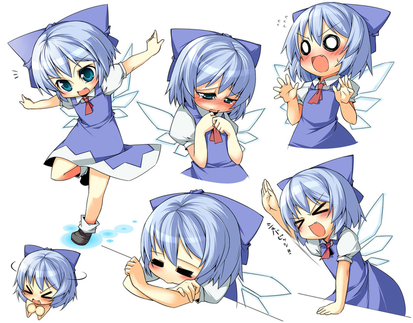 &gt;_&lt; 1girl :&gt; =_= blue_eyes blue_hair blush bow cirno closed_eyes embarrassed expressions fang hair_bow hand_up hands ice ice_wings juliet_sleeves kokka_han long_sleeves o_o outstretched_arms puffy_sleeves ribbon shoes simple_background socks spread_arms surprised surprised_arms tears touhou wings