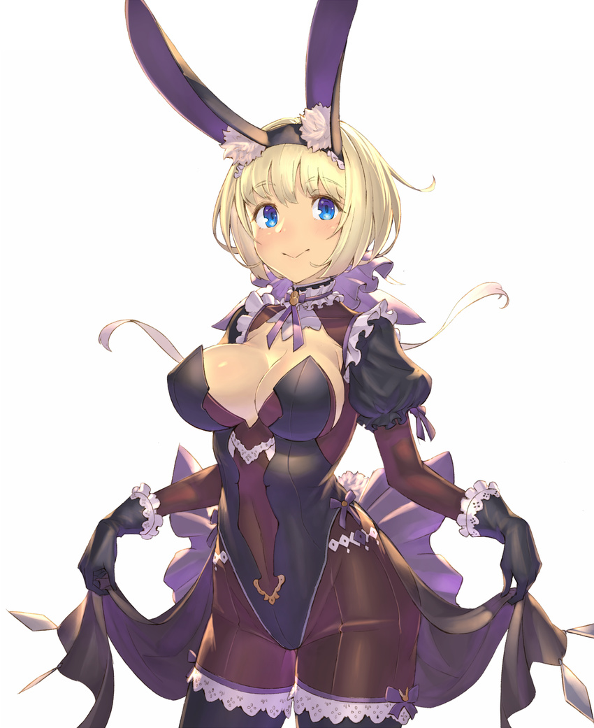 :&gt; animal_ears black_gloves blonde_hair blue_eyes blush breasts bunny_ears bunnysuit cleavage dress dress_lift fake_animal_ears gloves highres juliet_sleeves large_breasts long_sleeves nadare-san_(nadare3nwm) original pantyhose puffy_sleeves short_hair simple_background smile solo white_background