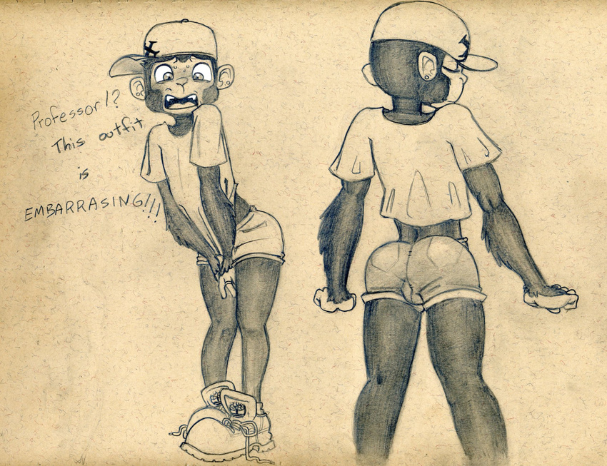anthro anthrofied ballsack_outline baseball_cap cartoon_network clothing covering covering_self dialogue embarrassed front_view hat looking_at_viewer male mammal midriff mojo_jojo monkey monochrome multiple_images open_mouth pencil_(artwork) powerpuff_girls primate rear_view shirt sneakers solo standing t-shirt talking_to_viewer tight_clothing traditional_media_(artwork) tush wide_eyed
