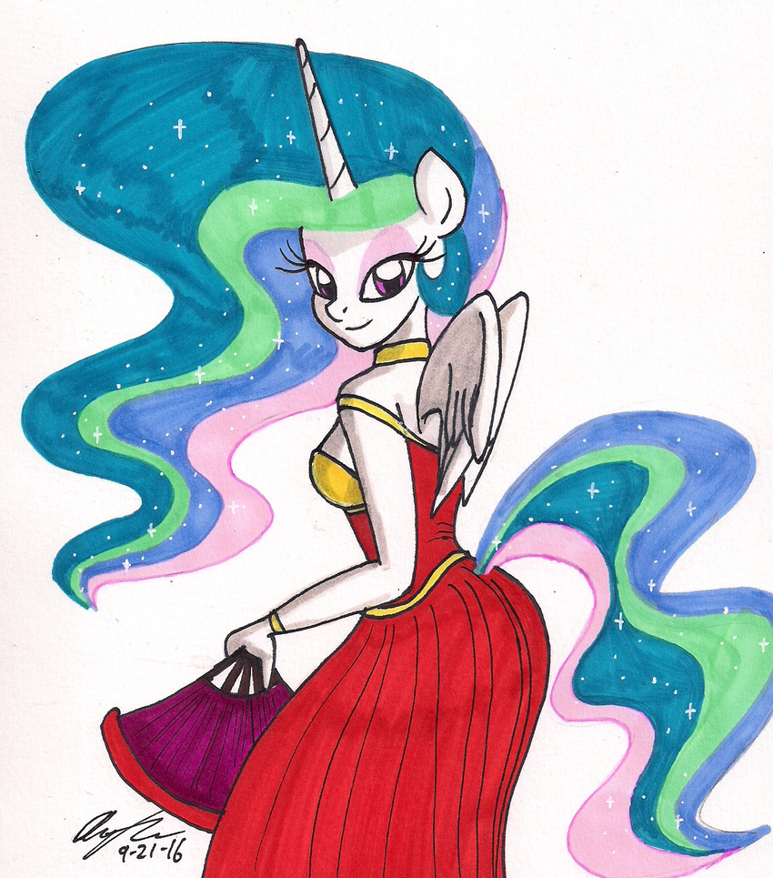 2016 anthro anthrofied clothing dress equine fan_(disambiguation) female friendship_is_magic horn looking_at_viewer mammal my_little_pony newyorkx3 princess_celestia_(mlp) solo sparkles winged_unicorn wings